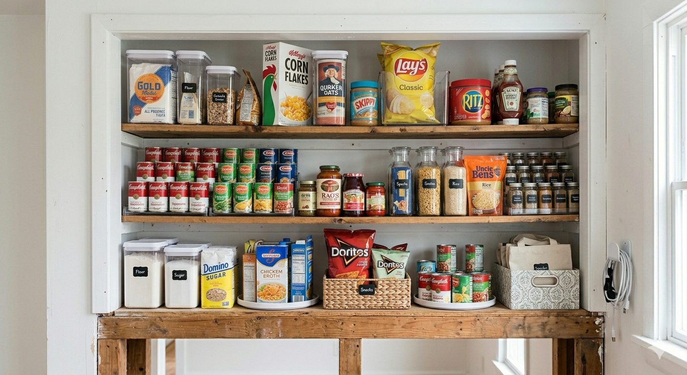 Neatly organized pantry after organizing